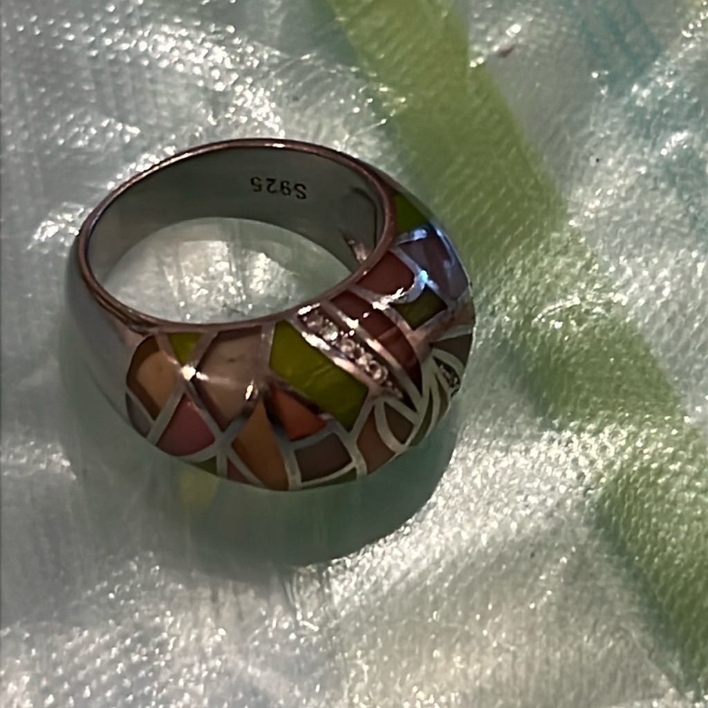 925 Sterling Silver Inlay/Diamonds Dome Ring Sz7, Stamped